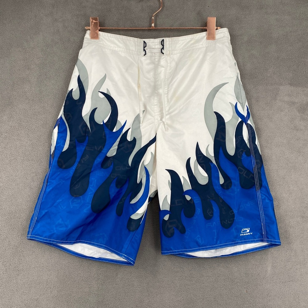 Vintage Old Navy Blue Flame Board Shorts Y2K White Swim Trunks Mens XXL